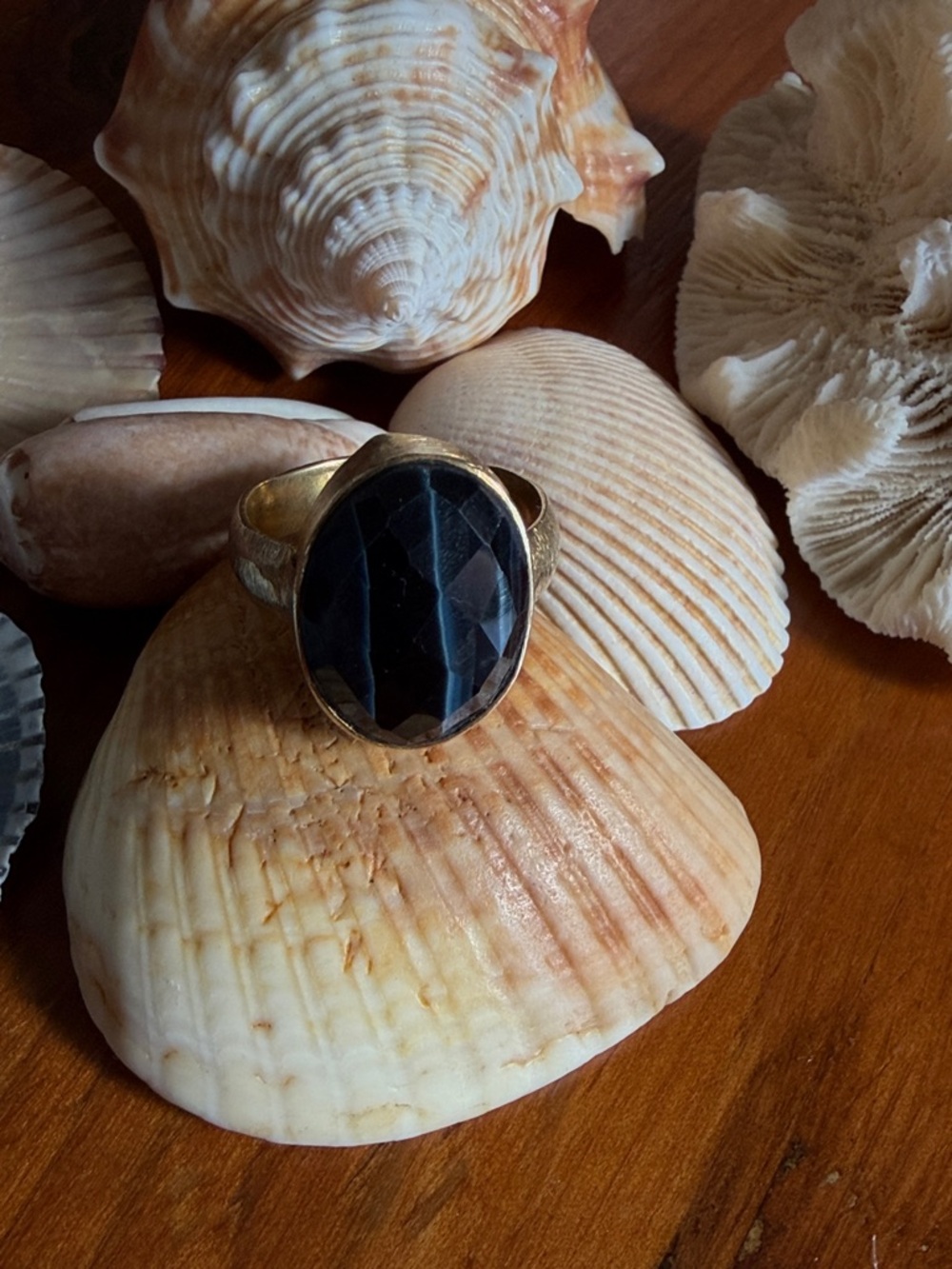 Etched Brass Ring with Black Agate Stone - Women Jewelry